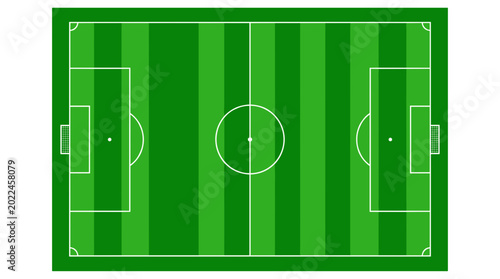 Top view of a green soccer field with goalposts and markings