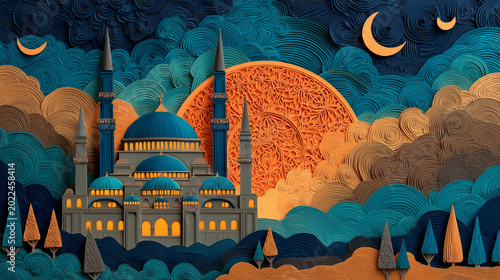A vibrant paper cut style image depicting a mosque complex in blue and teal. the mosque has numerous domes and minarets, with warm clear orange light emanating from its window.