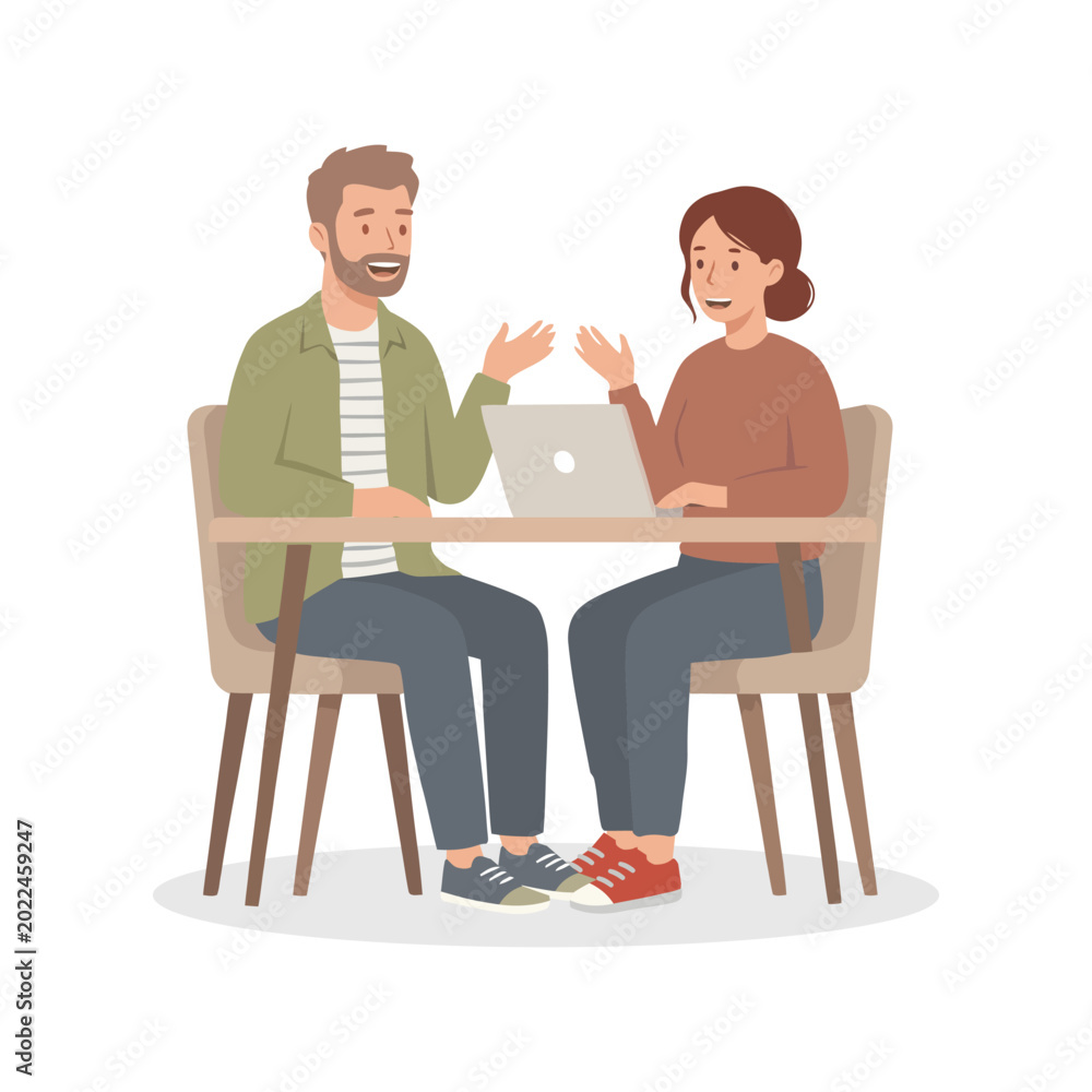 Fototapeta premium flat vector image illustration of a man and a woman talking and sitting with a laptop