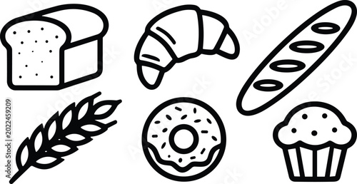 Collection of bakery products icons, bread loaf, croissant, baguette, wheat stalk, donut and muffin for bakeshop marketing and SEO