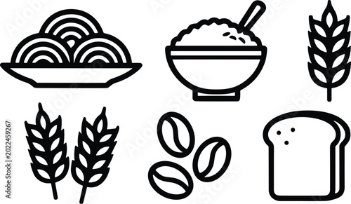 Tableau sur toile Collection of essential food icons including pasta, rice bowl, wheat, coffee bea