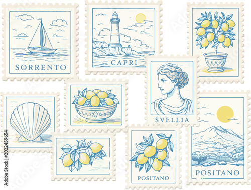 Vintage Italian Travel Stamps with Coastal and Lemon Motifs