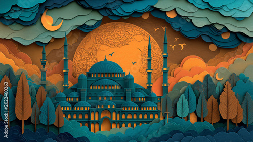 A vibrant paper cut style image depicting a mosque complex in blue and teal. the mosque has numerous domes and minarets, with warm clear orange light emanating from its window.