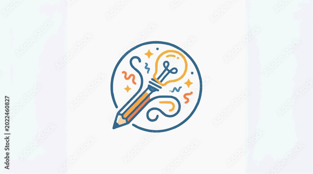 Naklejka premium An artistic emblem featuring a lightbulb combined with a pencil, symbolizing creativity and innovation. The design incorporates curved lines and star-like elements.