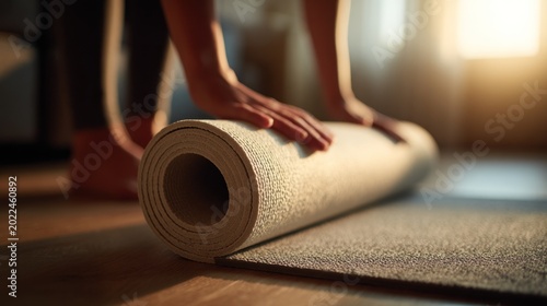 Person rolling yoga mat indoor workout preparation
