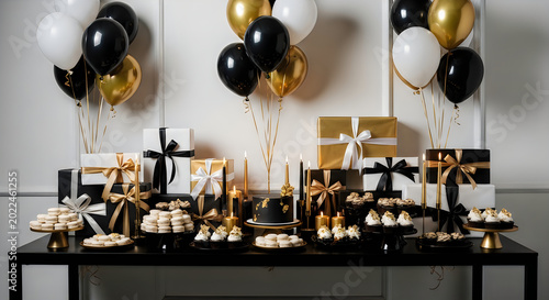 Elegant black white and gold party dessert table with balloons and gifts