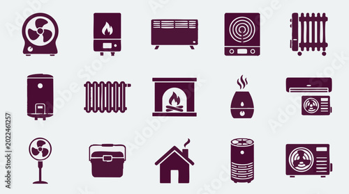 Foto Home heating, cooling, ventilation appliances and climate control icons set