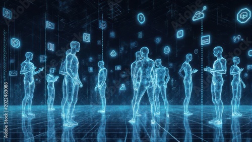 Futuristic digital rendering of transparent human figures interacting with glowing icons