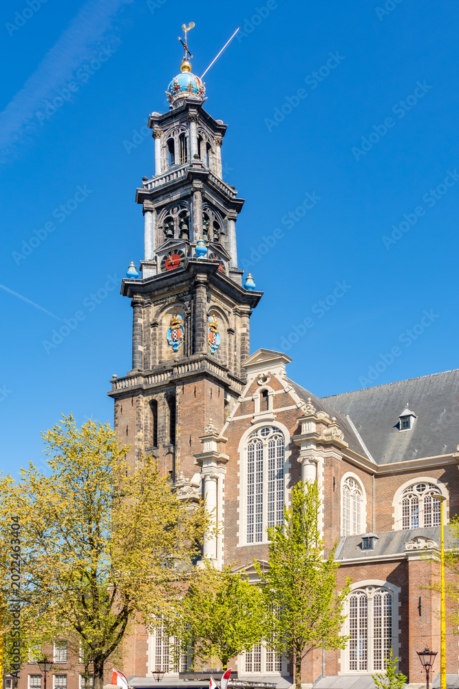 Fototapeta premium Westertoren tower of Westerkerk church in Jordaan district, Amsterdam, Netherlands