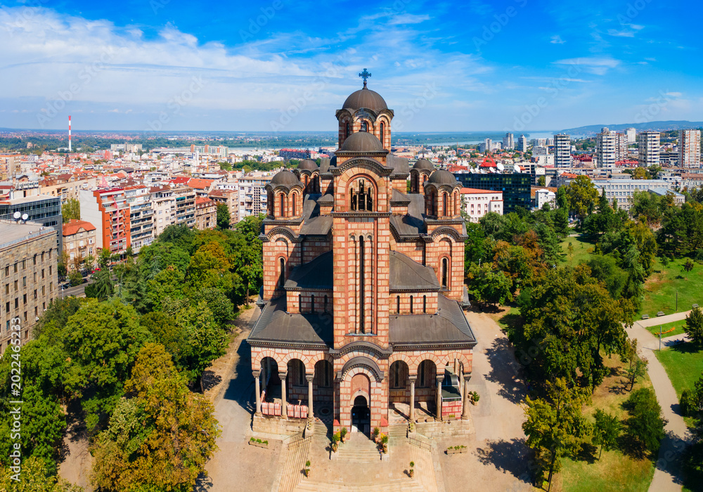 Naklejka premium Aerial view of Saint Marks Church in Belgrade city center, Serbia