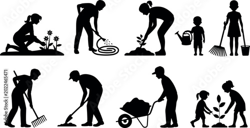 Obraz na plátně Set of family gardening silhouette vectors featuring people planting flowers watering plants digging soil using wheelbarrow raking leaves and farming together