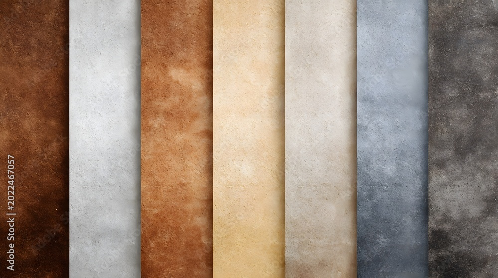 Fototapeta premium A vertical array displaying seven complementary textured color swatches ranging from deep browns to soft grays ideal for graphic design projects