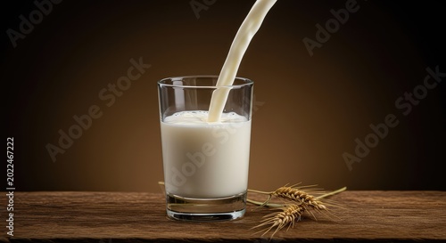 Creamy, fresh hay milk poured into a glass, highlighting natural farming methods and high quality dairy production standards ,ingredient ,kitchen ,meadow