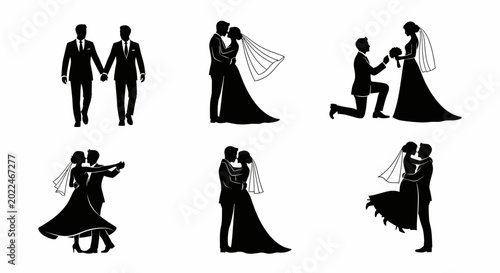 Fotografie Silhouettes of romantic couples wedding.