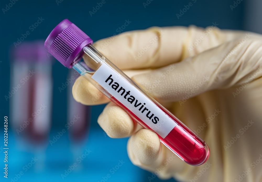 Naklejka premium Hand holding hantavirus blood test tube