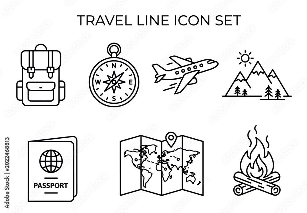 Fototapeta premium Travel and adventure line icons set