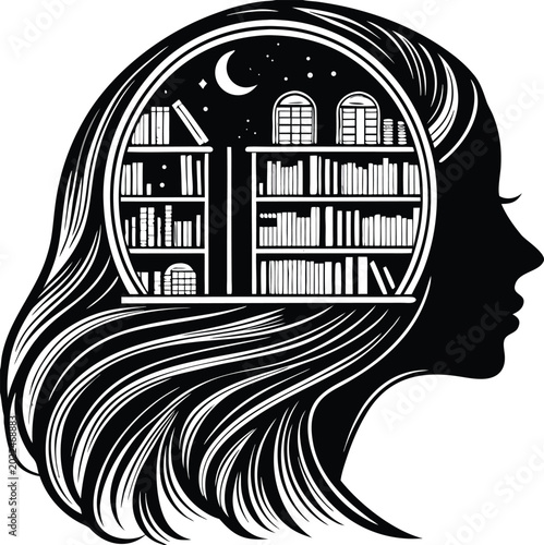 Canvas Print Woman head with library bookshelf inside, book lover, reading, knowledge vector
