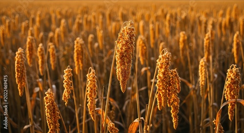Golden dry millet stalks standing tall in a sun-drenched agricultural field ready for harvest, showing healthy drought-resistant grain heads ,staple food ,texture ,organic