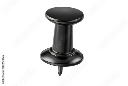 Black plastic push pin isolated on cut out PNG or transparent background. Realistic 3D rendering of thumbtack commonly. Office, business, education, organization, stationery, design projects.