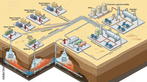 Industrial oil and gas extraction and processing facility diagram.