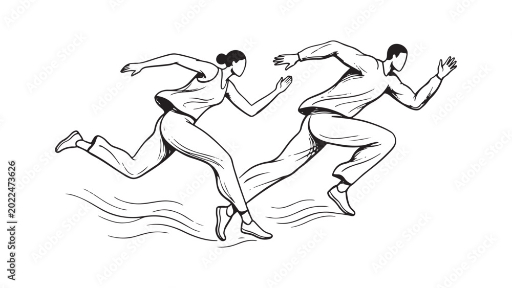 Obraz premium Black and white illustration of couple running together