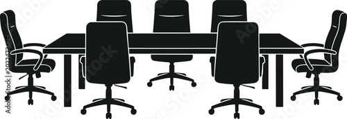Conference room illustration with rectangular table and six office chairs representing professional workspace, meetings, and collaboration