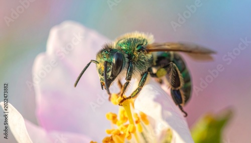 Close-up of metallic green sweat bee on white flower petal