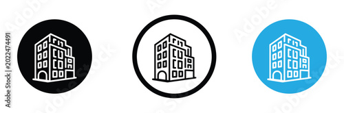 Set of three building icons in black, White, And blue circles for real estate or architecture concepts