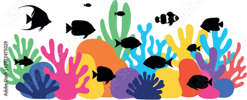 Colorful coral and black fish swimming around it