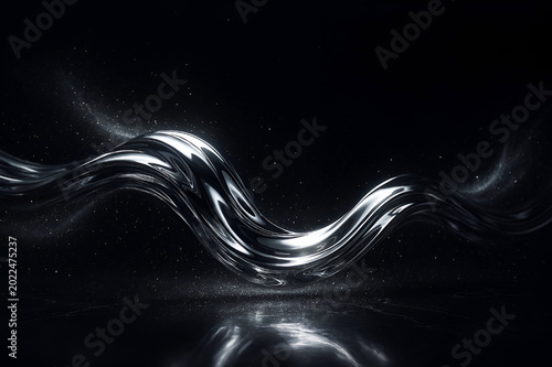 Abstract Chrome Liquid Wave Reflecting on Dark Surface with Glitter Sparks.