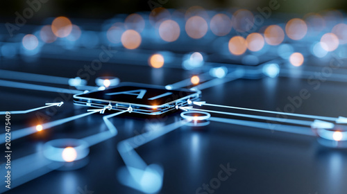 Close-up of a glowing AI workflow automation diagram with interconnected software nodes and process flow arrows on a dark background, artificial intelligence concept, machine