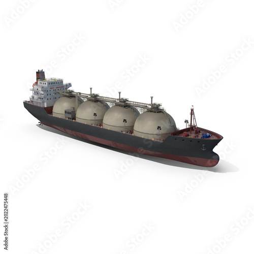 LNG tanker ship 3D render with four large dome-shaped gas tanks, dark hull, red bottom, helipad, white superstructure isolated PNG