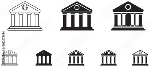 Foto Set of bank building icons with pillars and pediment in various styles for web d