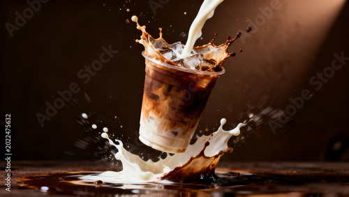 Levitating iced coffee latte in plastic cup with milk splash, conceptual high speed photography of dynamic liquid explosion on dark moody background.