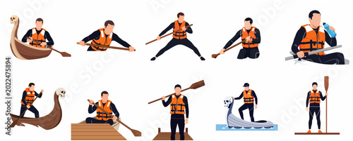 Schilderij op canvas Collection of flat vector illustrations of a man in life vest and wetsuit perfor