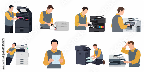 Photos Flat Vector Illustration of Male Technician or Office Worker Operating, Repairin