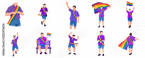 Quadro em tela LGBTQ+ Pride Month Celebration Character Set of a Man with Rainbow Flags and Sas