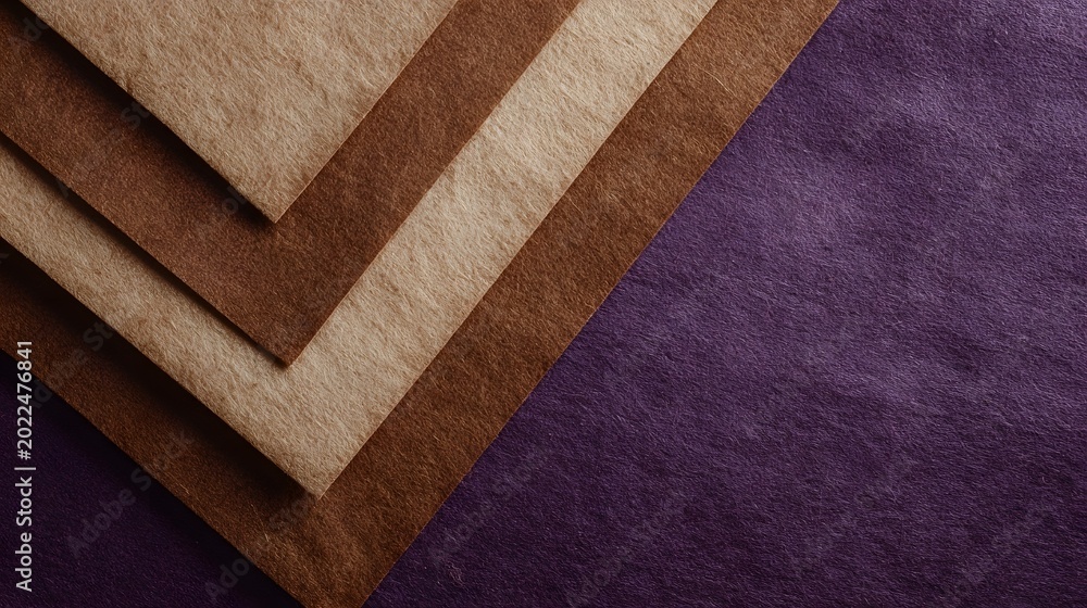 Fototapeta premium Overlapping natural kraft paper layers arranged diagonally against a deep rich purple textured backdrop for branding