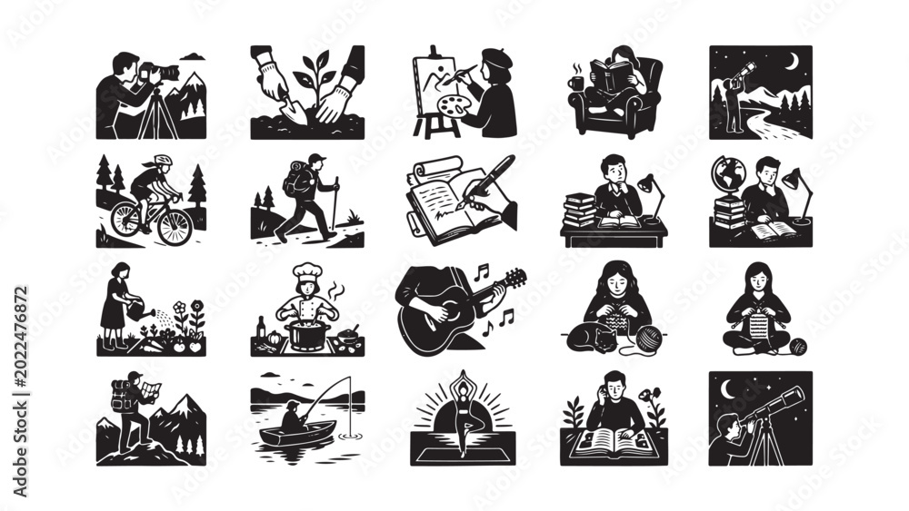 Obraz premium Black and white illustrations of people doing various activities