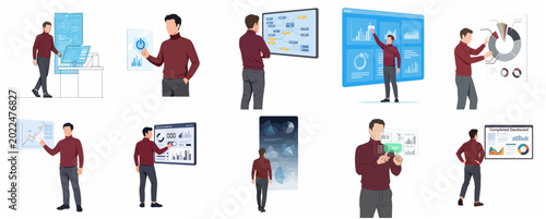 Fotografía Set of flat vector illustrations showing a businessman analyzing digital dashboa