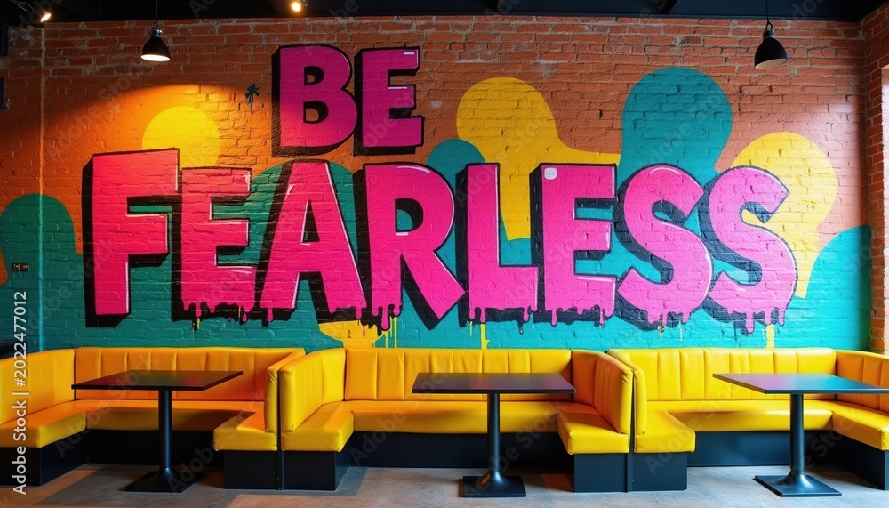 Fototapeta premium Bright graffiti art with text BE FEARLESS covers brick wall in cafe interior. Yellow booth seating and black tables create modern dining space. Colorful mural adds positive energy.