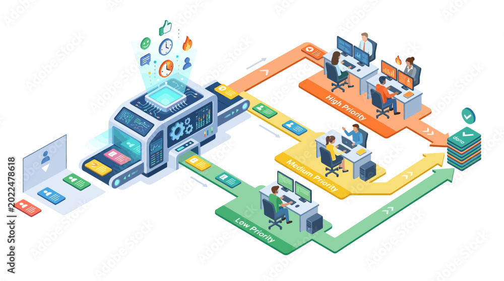 Fototapeta premium Isometric workflow automation and task management system with data processing conveyor belt and team collaboration for digital business efficiency