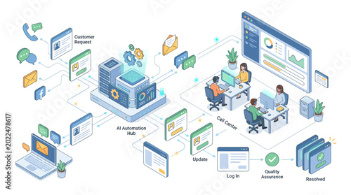 Isometric AI Automation Hub and Customer Support Call Center Infographic with Data Processing and Workflow Icons