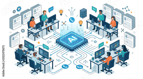 Isometric artificial intelligence business hub with diverse team working on digital transformation and data analytics in a modern corporate office environment