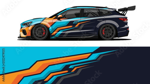 Fotografie Stylized blue and orange race car illustration with dynamic stripes and spoiler