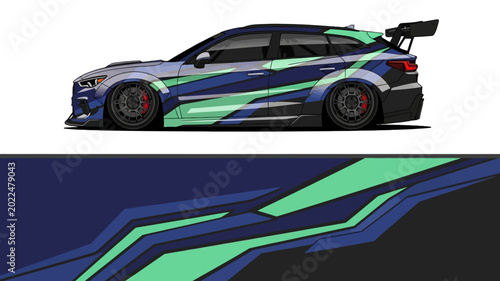 Bilde på lerret High-velocity race car with bold blue and green angular livery and aerodynamic spoiler on track