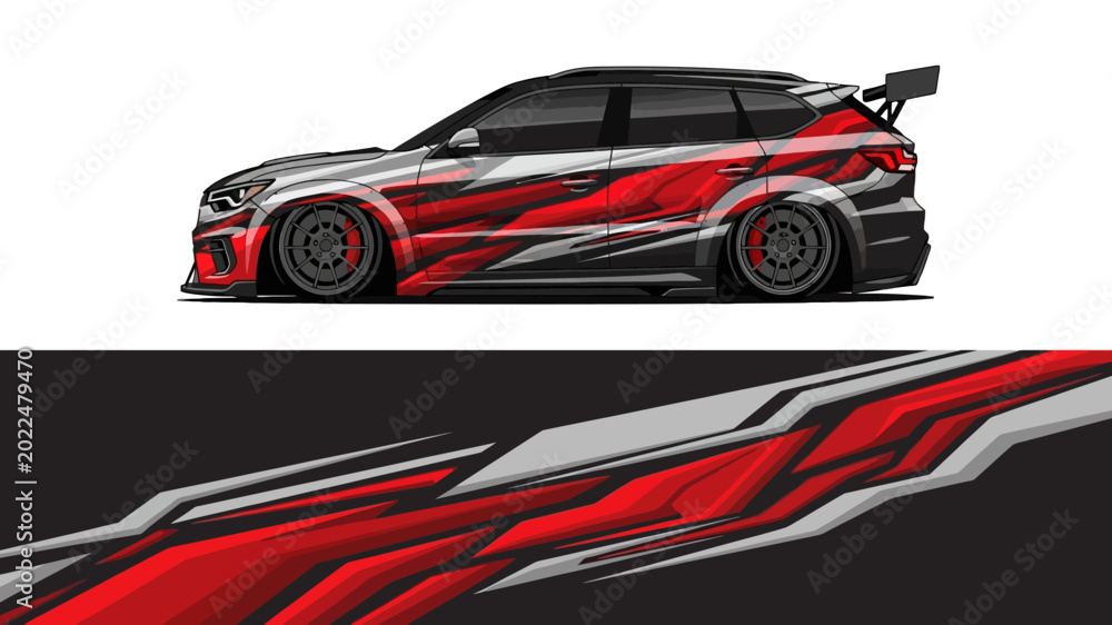 Naklejka premium Stylized red and black sports car with flame graphics and sleek white body in a dynamic side view design.