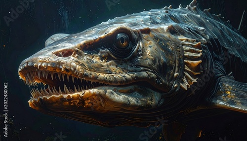 Close-up portrait of a frilled shark with eel-like body and gill slits