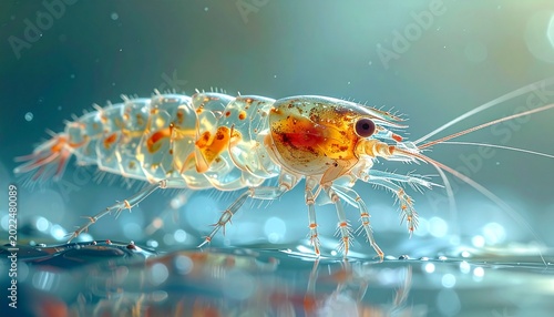 Close-up macro of transparent freshwater water flea with visible internal anatomy