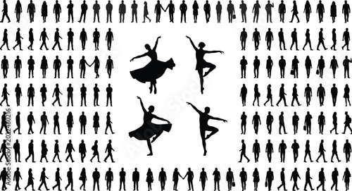 Bild auf Leinwand Diverse People Silhouettes Crowd With Dancers Ballet Performers Standing Walking